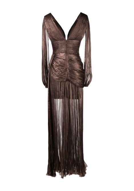 Brown puff-sleeve metallic plissé gown - women IRIS SERBAN | 35LEONABRWN